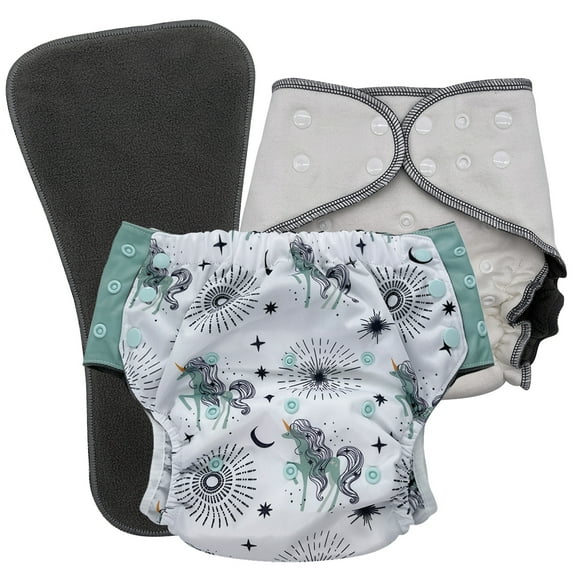 Reusable Cloth Incontinence Diaper for Kids 6–16, Overnight Absorbency, EcoAble, Junior 3, Unicorns