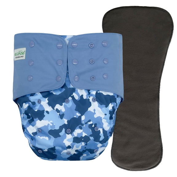 EcoAble Unisex Adult's Cloth Diaper Cover 2.0 - Reusable Incontinence Protective Briefs with Insert (Large, Blue Camo)