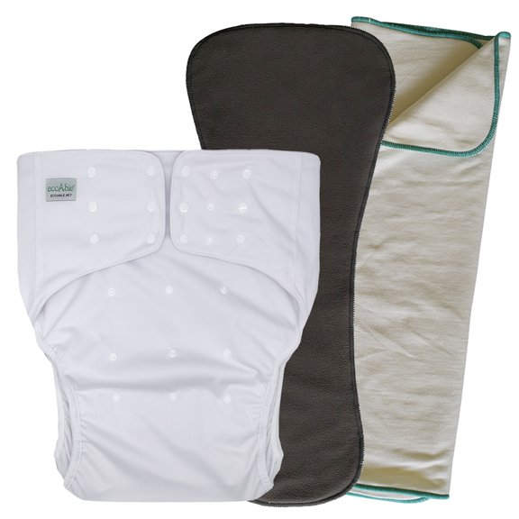EcoAble Unisex Adult's Cloth Diaper Cover 2.0 - Reusable Incontinence Protective Briefs with Insert and Prefold (Medium, White)