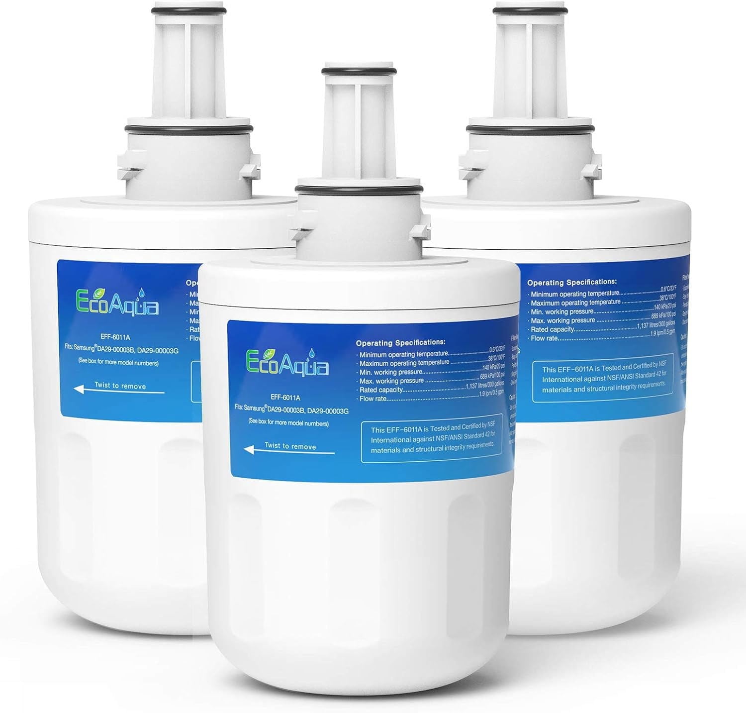 EcoAqua EFF-6011A Refrigerator Water Filter, Replacement for Samsung® DA29-00003G, Aqua-Pure Plus, DA29-00003B, HAFCU1, DA29-00003A, 3 Filters