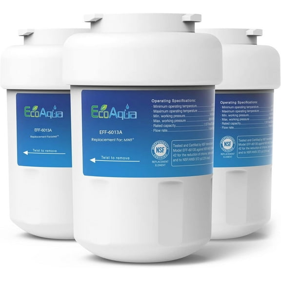 EcoAqua EFF-6013A Replacement Filter, Compatible with GE MWF SmartWater, MWFA, MWFP, GWF, GWFA, 46-9991, HDX FMG-1, WFC1201, GSE25GSHECSS, PC75009, RWF1060 Refrigerator Water Filter, 3 Pack