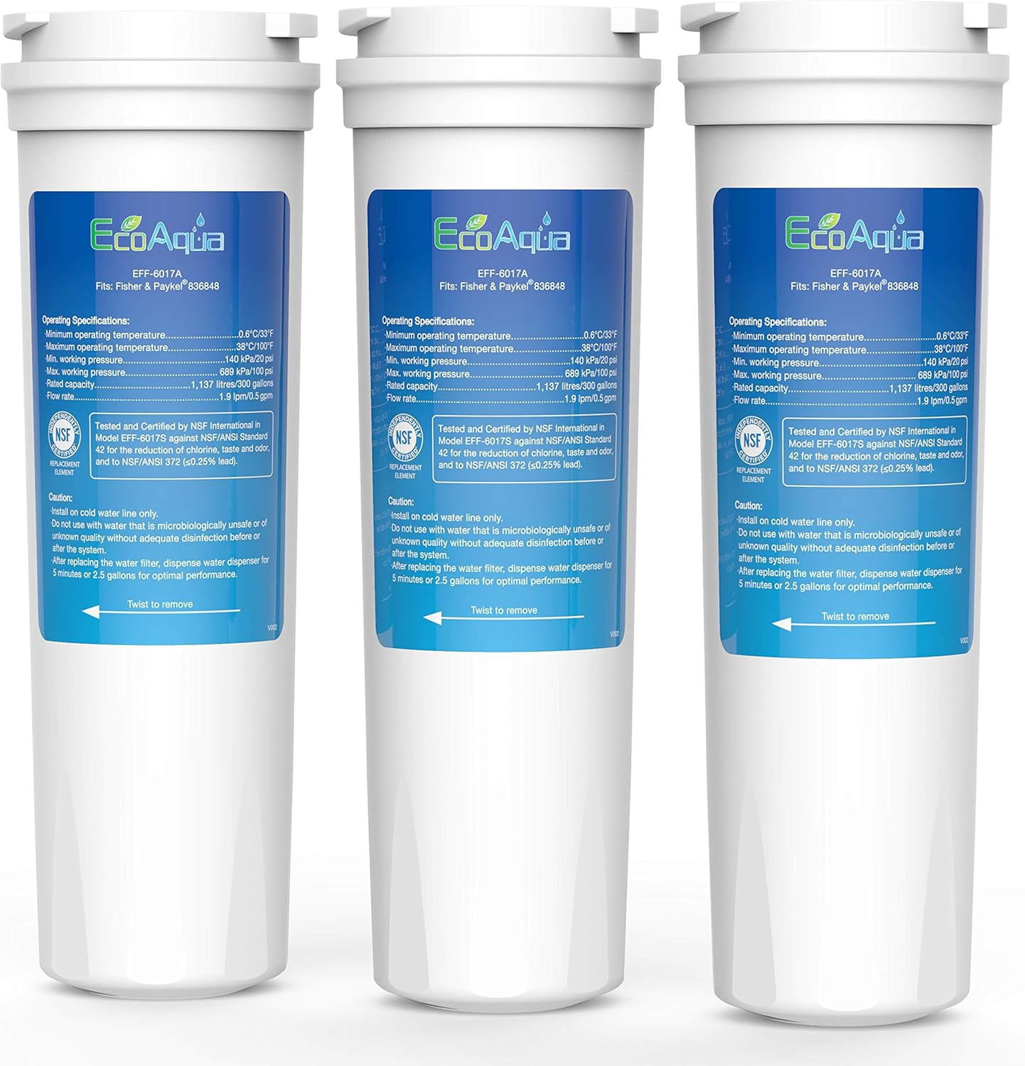 EcoAqua EFF-6017A Replacement for Fisher & Paykel 836848, 836860, 862284, E404BRXFDU, E522B, E402B, E442B, RF90A180DU, RF402B, WF60, WF296, Refrigerator Water Filter, 3 Pack