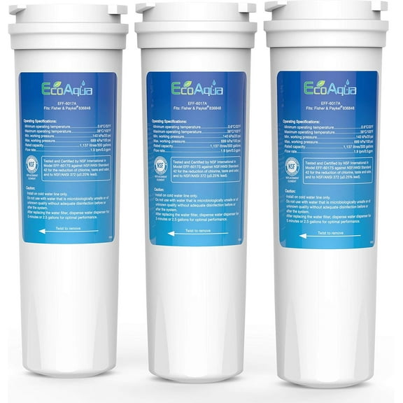 EcoAqua EFF-6017A Replacement for Fisher & Paykel 836848, 836860, 862284, E404BRXFDU, E522B, E402B, E442B, RF90A180DU, RF402B, WF60, WF296, Refrigerator Water Filter, 3 Pack