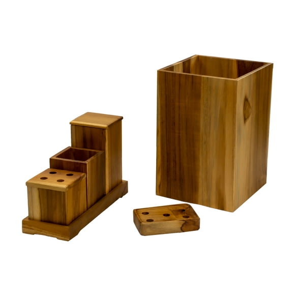 EcoDecors Eleganto 9 Piece Teak Wood Bathroom Amenities Set in EarthyTeak Finish