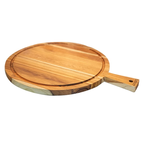 EcoDecors 18" x 14" Round FSC Teak Cutting Board with Handle Juice Groove