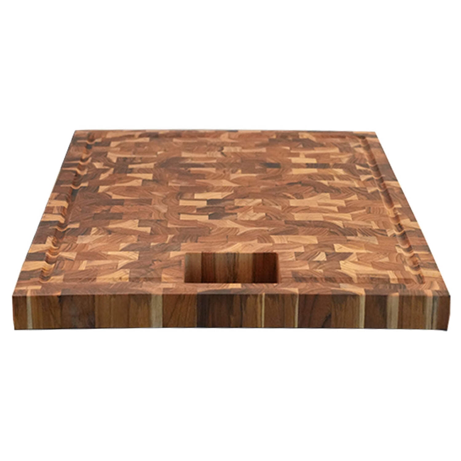 EcoDecors 17" x 18" FSC Teak End Grain Board with Groove, Handles  Chute