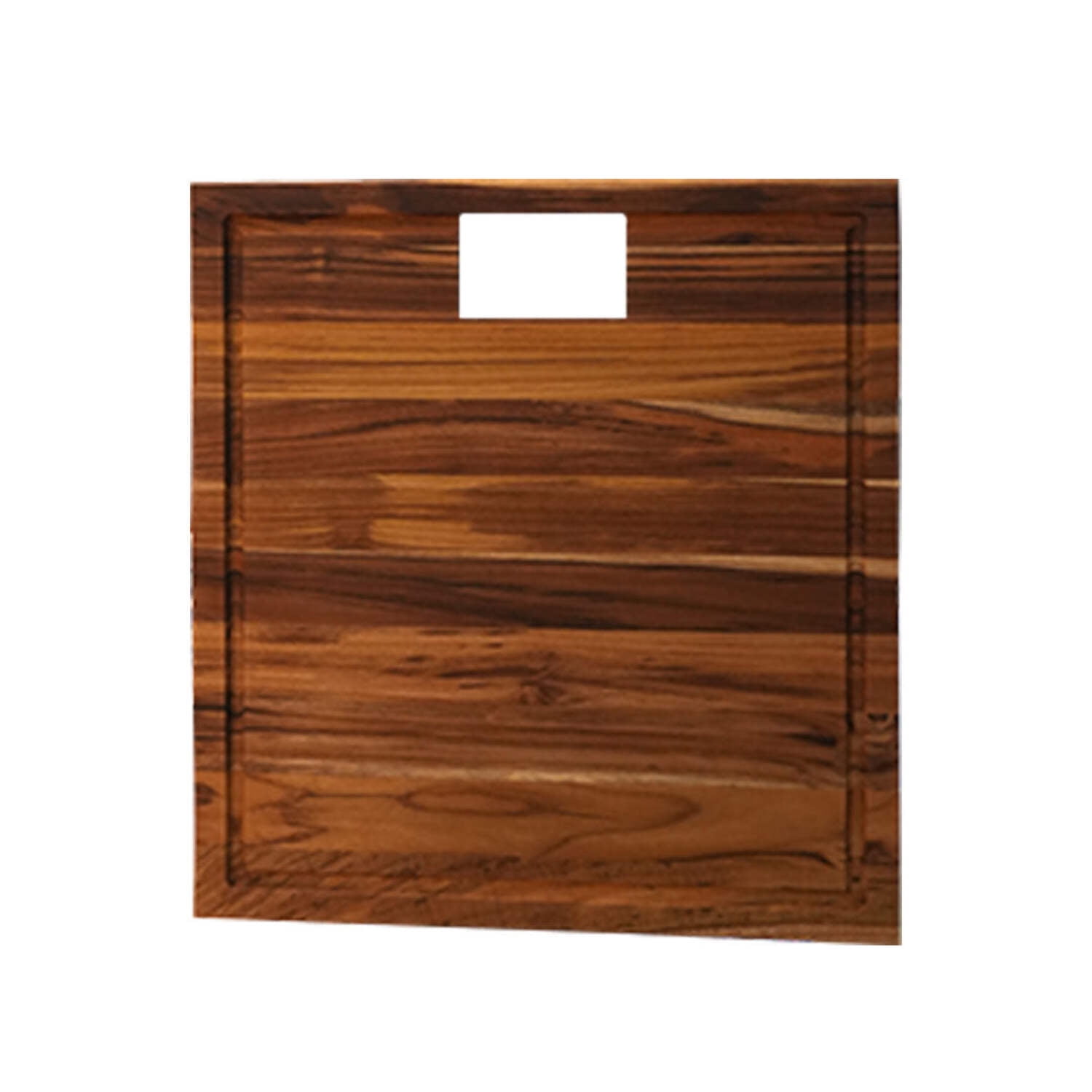 EcoDecors 17" x 18" FSC Teak Edge Grain Cutting Board with Groove  Handle