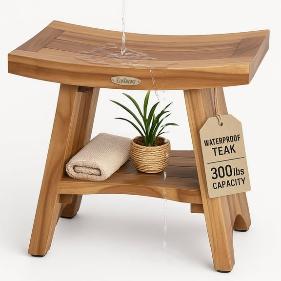 EcoDecors Serenity Teak Wood Shower Bench with Storage Shelf, 18 Inch, EarthyTeak Finish