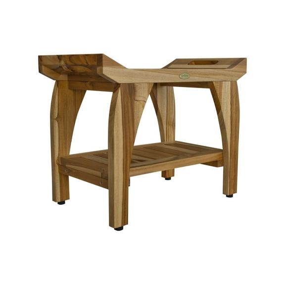 EcoDecors Tranquility 24" Teak Wood Shower Bench with Shelf and LiftAide Arms in EarthyTeak Finish