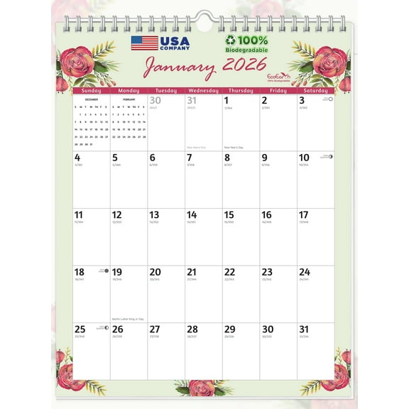EcoEarth 18 Month Vertical Wall Calendar, Blossoms, 8.5" x 11", July 2025-December 2026
