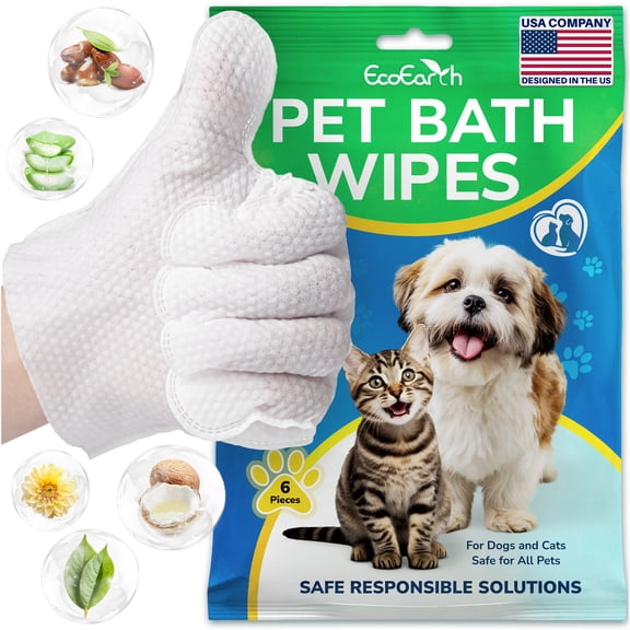 EcoEarth Pet Grooming Wipes for Dogs & Cats, Washing Gloves for Bath Cleaning, 6 Pc
