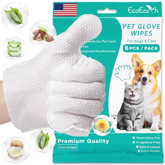 EcoEarth Pet Grooming Wipes for Dogs & Cats, Washing Gloves for Bath Cleaning, 6 Pc