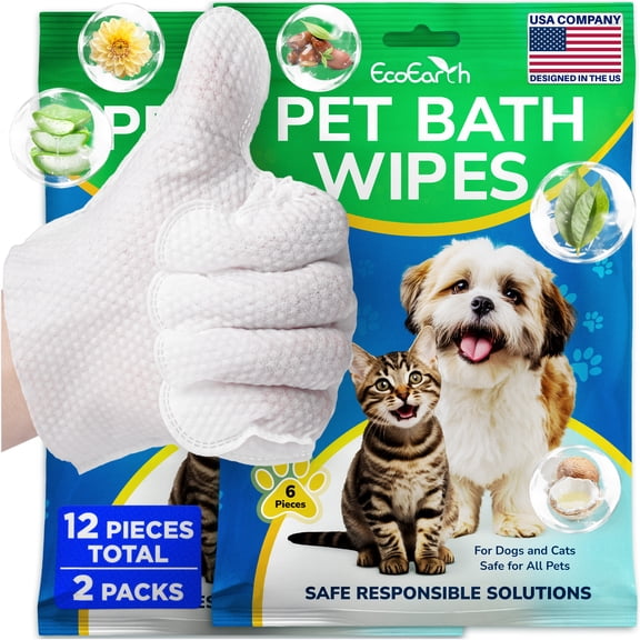 EcoEarth Pet Grooming Wipes for Dogs & Cats, Washing Gloves for Bath Cleaning, 12 Pc