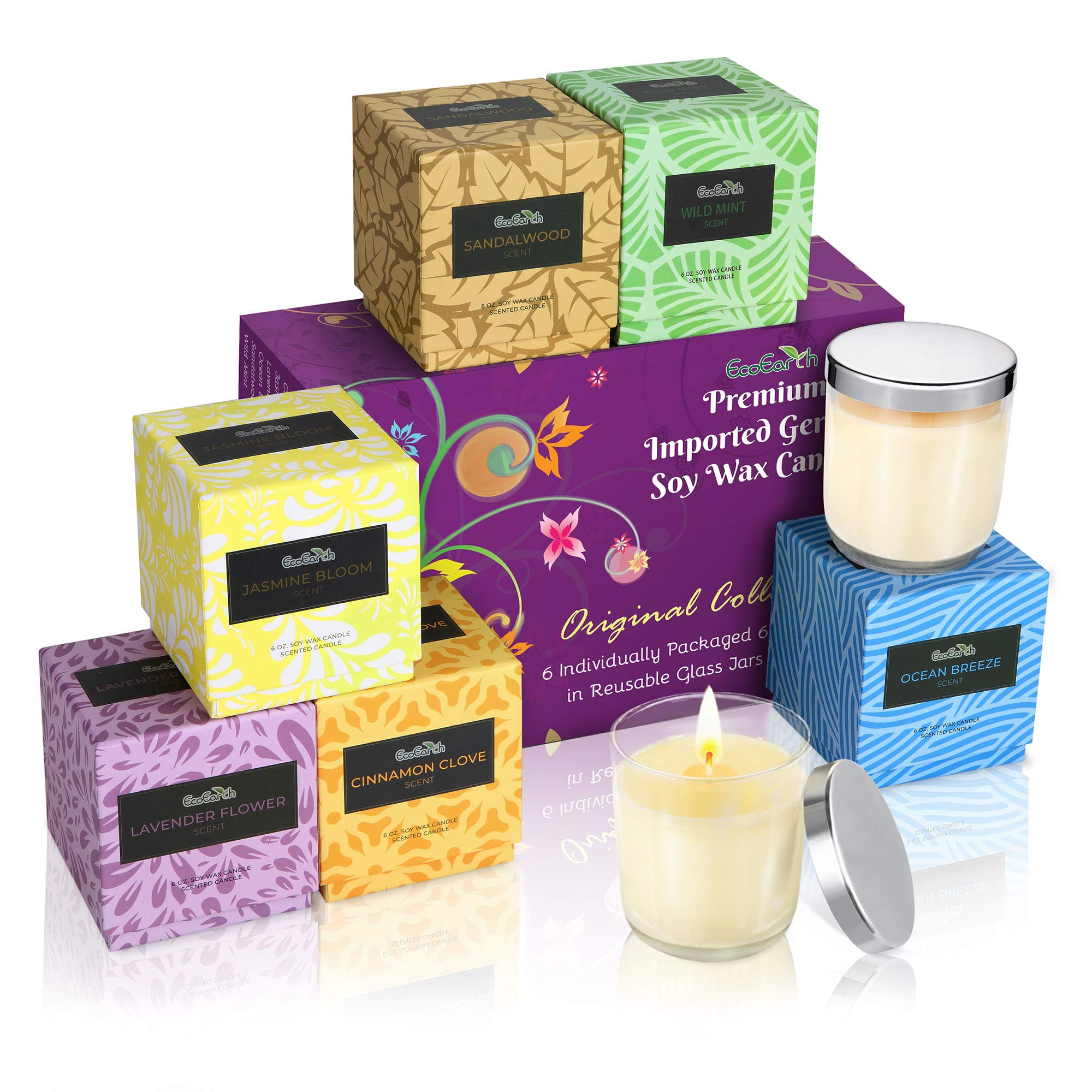 EcoEarth Soy Candles Gift Set, 6 StressRelieving Scents in 6 oz