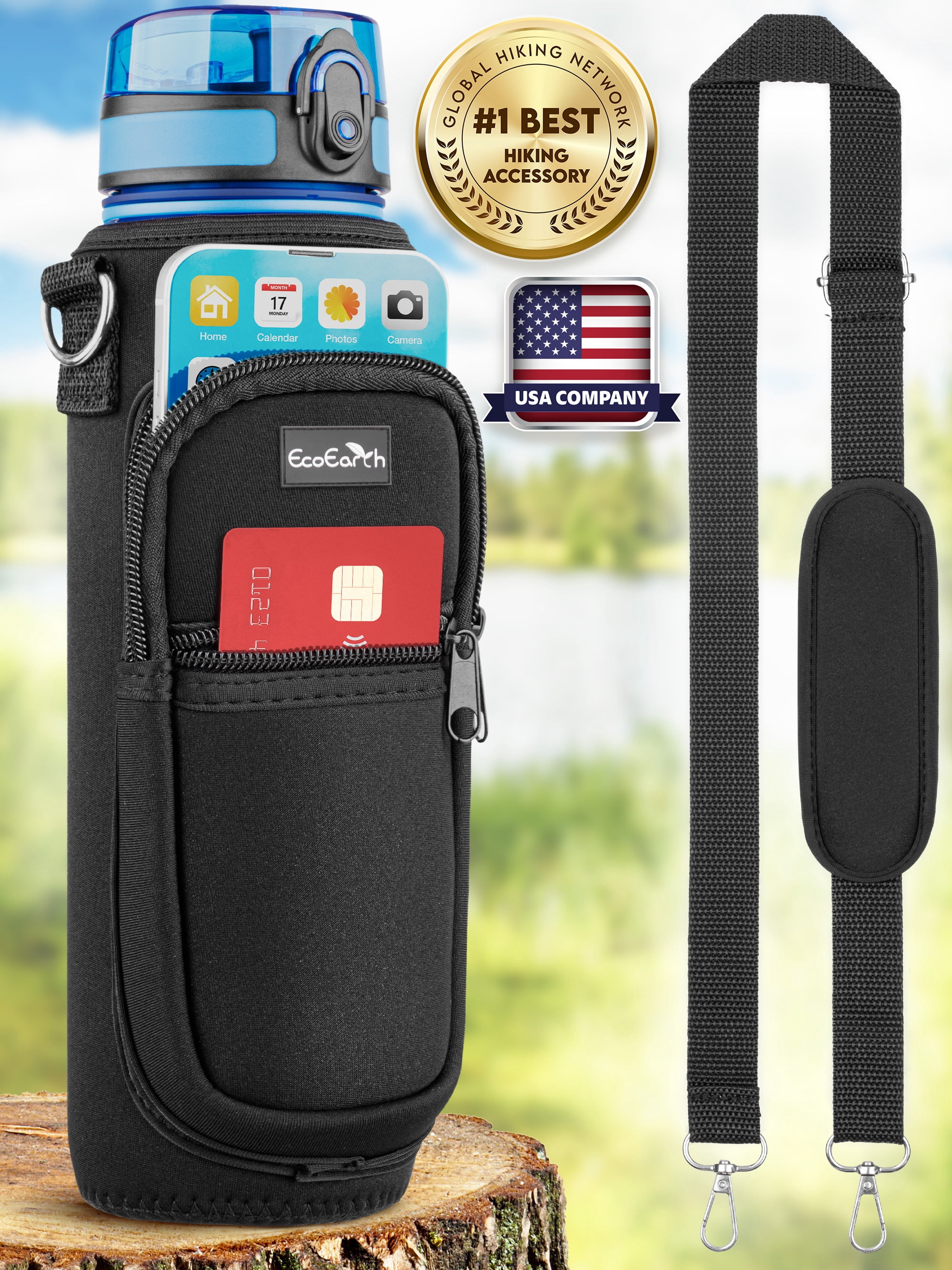 EcoEarth Water Bottle Holder With Strap – 32oz Crossbody Carrier Bag For Hiking, Gym, Travel (Black)