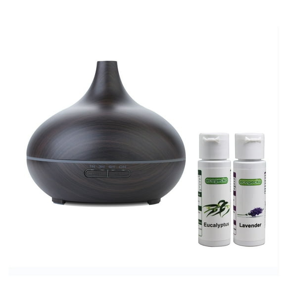 EcoGecko Dark Wood Grain Look Essential Oil Diffuser with Eucalyptus and Lavender Oil Set, Ultrasonic Cool Mist Diffuser Humidifier with 7 Color Lights, 4 Timers Setting, Auto Shut Off for Office Home