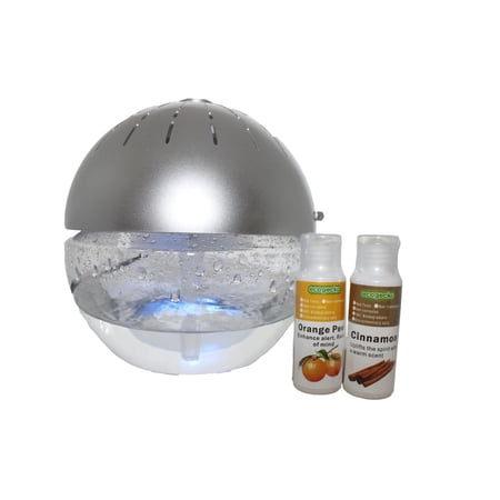 EcoGecko Earth Globe Glowing Water Air Revitalizer – Air Washer, Freshener & Essential Oil Diffuser – Includes 30ml Orange Peel & 30ml Cinnamon Oils, Silver