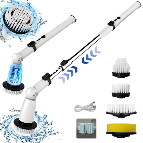 EcoGecko Bathroom Cleaner Dual Speed Plastic Electronics Cleaning Brush with 4 Interchangeable Brush Heads, White
