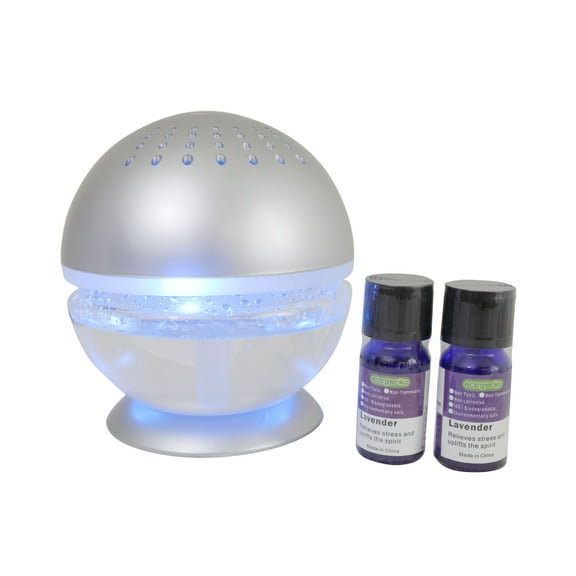 EcoGecko Pure H2O Mini Water Based Air Revitalizer, Air Freshener, Room Aromatizer, Aromatherapy, Aroma and Essential Oil Diffuser with 2 Bottles (10ML) Fragrant Lavender Oil, Silver
