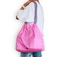 thumbnail image 1 of EcoJeannie® 1 Pack NEW Ripstop Nylon Foldable Daw-String Reusable Shopping Bag With Built-In Pouch and Reinforced Handle, Pink, 1 of 3