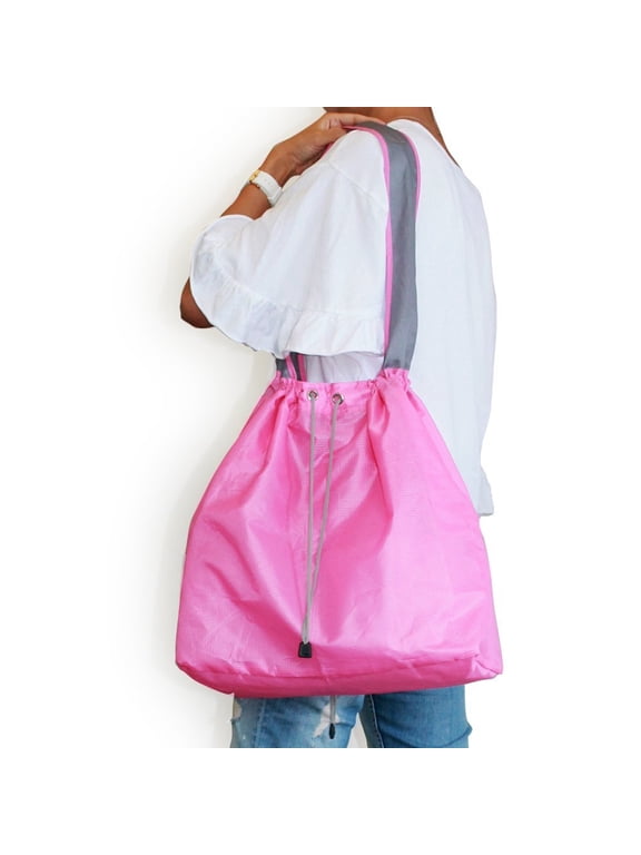® 1 Pack NEW Ripstop Nylon Foldable Daw-String Reusable Shopping Bag With Built-In Pouch and Reinforced Handle, Pink
