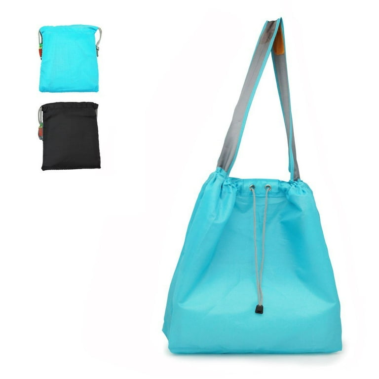 Ecojeannie 2 Pack New Ripstop Nylon Foldable Daw String Reusable Shopping Bag with Built in Pouch and Reinforced Handle Blue Black