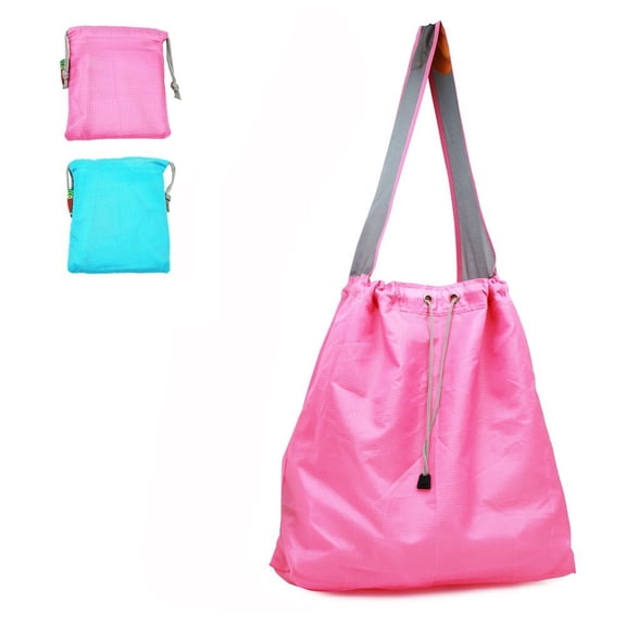 EcoJeannie® 2 Pack NEW Ripstop Nylon Foldable Daw-String Reusable Shopping Bag With Built-In Pouch and Reinforced Handle, Pink & Blue