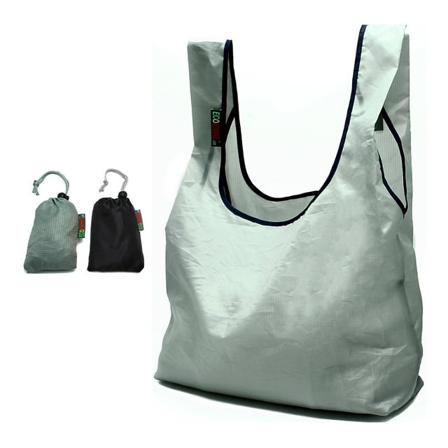 EcoJeannie® 2 Pack Super Strong Ripstop Nylon Foldable Reusable Bag Grocery Shopping Tote Bag with built-in Pouch (Gray & Black)