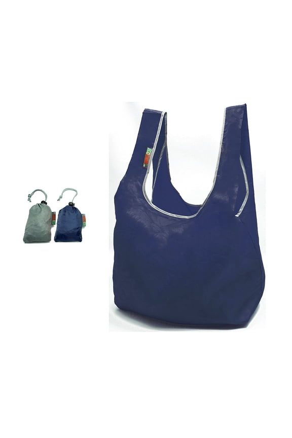 ® 2 Pack Super Strong Ripstop Nylon Foldable Reusable Bag Grocery Shopping Tote Bag with built-in Pouch (Gray & Navy)