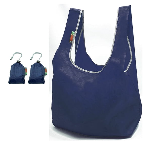 EcoJeannie® 2 Pack Super Strong Ripstop Nylon Foldable Reusable Bag Grocery Shopping Tote Bag with built-in Pouch (Navy & Navy)
