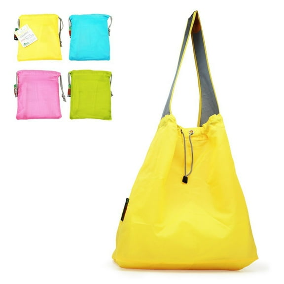EcoJeannie® 4 Pack NEW Ripstop Nylon Foldable Daw-String Reusable Shopping Bag With Built-In Pouch and Reinforced Handle, Yellow & Pink & Blue & Green