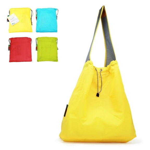 EcoJeannie® 4 Pack NEW Ripstop Nylon Foldable Daw-String Reusable Shopping Bag With Built-In Pouch and Reinforced Handle, Yellow & Blue & Red & Green