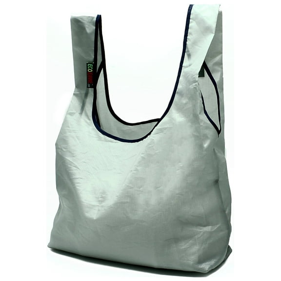 EcoJeannie® Super Strong Ripstop Nylon Foldable Reusable Bag Grocery Shopping Tote Bag with Built-in Pouch, Gray