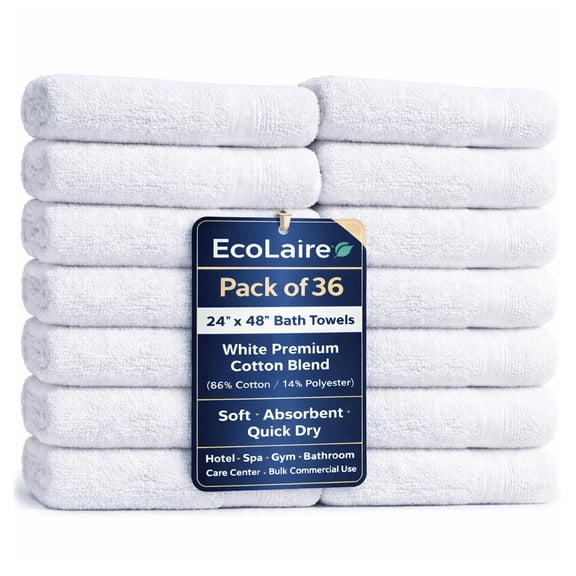 EcoLaire Bath Towels 24"x48" Pack of 36, White Premium Cotton Blend Towels Set, Soft Absorbent Quick Dry Large Towels for Hotel, Salon, Home, Vacation Rental, Spa, Gym, Clinic Bulk Commercial Use