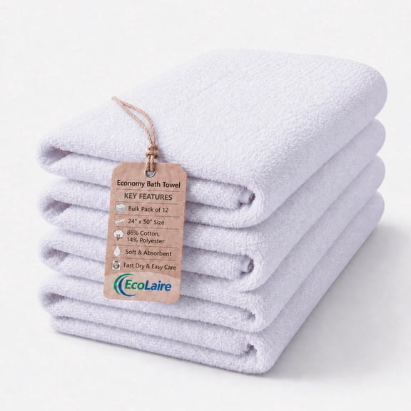 EcoLaire Bath Towels 24"x50" Pack of 12, White Economy Grade Cotton Blend Large Towel Soft Absorbent Quick Dry for Motel, Spa, Salon, Gym, Bathroom, Clinic, Vacation Rental - Bulk Commercial Use