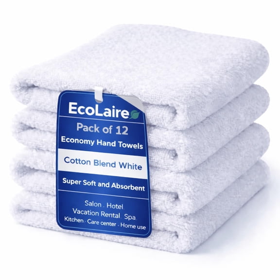 EcoLaire Hand Towels 16"x27", Pack of 12, Cotton Blend White Economy Towels- Budget Friendly Soft and Absorbent Best for Salon, Motel, Vacation Rental, Spa, Kitchen, Care Center & Commercial Use