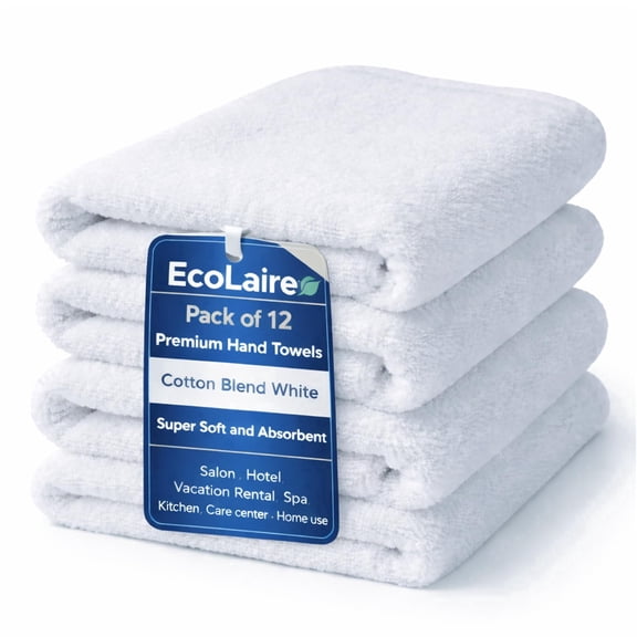 EcoLaire Hand Towels 16"x27", Pack of 12, Cotton Blend White Premium Towels, Super Soft & Absorbent for Salon, Hotel, Spa, Kitchen, Home