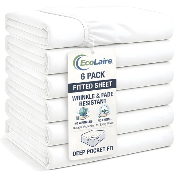 EcoLaire King Fitted Bed Sheets Bulk Pack – 6 Pack (78” x 80” + 14" Deep Pocket), T200 Cotton Rich Polycotton (60% Cotton 40% Polyester), Percale Weave White Sheets for Hotel, Spa & Home Use