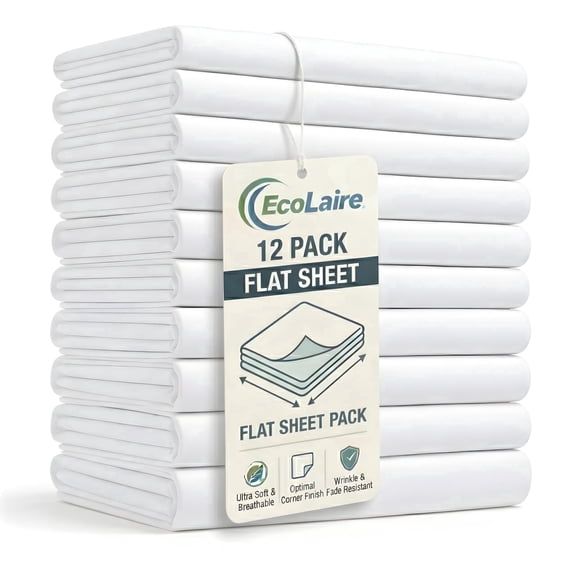 EcoLaire Queen Flat Bed Sheets 12 Pack - 90" x 110" White T200 Cotton Rich Polycotton Soft Durable Hospitality Quality Bulk Sheets for Home, Hotel, Motel, Vacation Rental, Nursing Centers, Spa