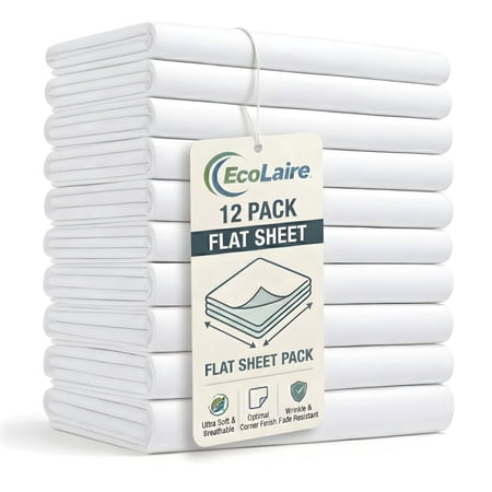 EcoLaire Queen Flat Bed Sheets 12 Pack - 90 x 110 White T250 Cotton Rich Polycotton Soft Durable Hospitality Quality Bulk Sheets for Home, Hotel, Motel, Vacation Rental, Nursing Centers, Spa