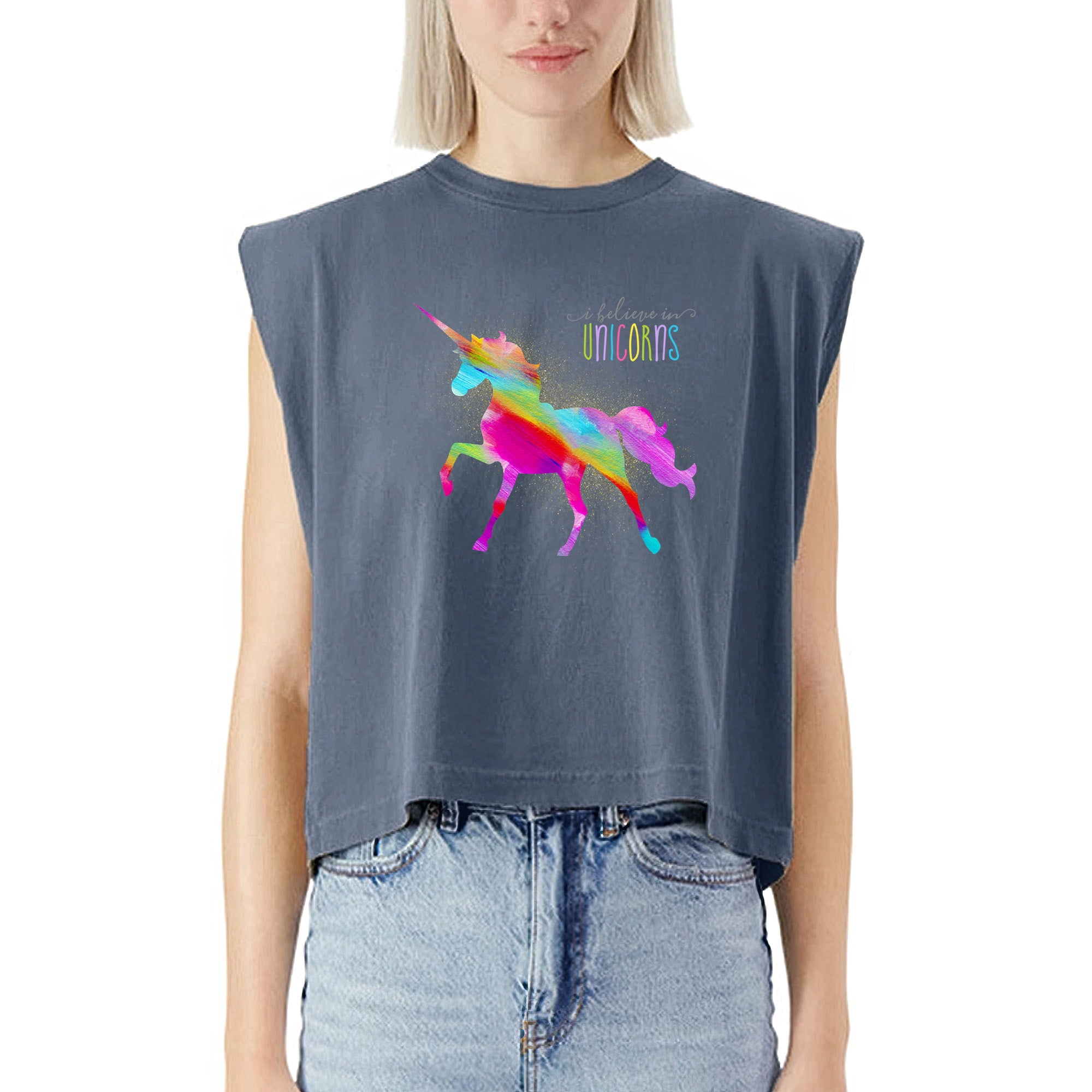 Frilled Sleeve Unicorn Top with Denim Short