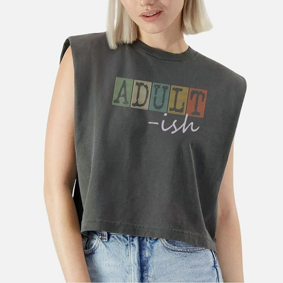 EcoLoom Adultish Sayings Vintage Style Graphic Novelty Cap Sleeve Muscle Crop Shirt Women Sleeveless Baby Tee