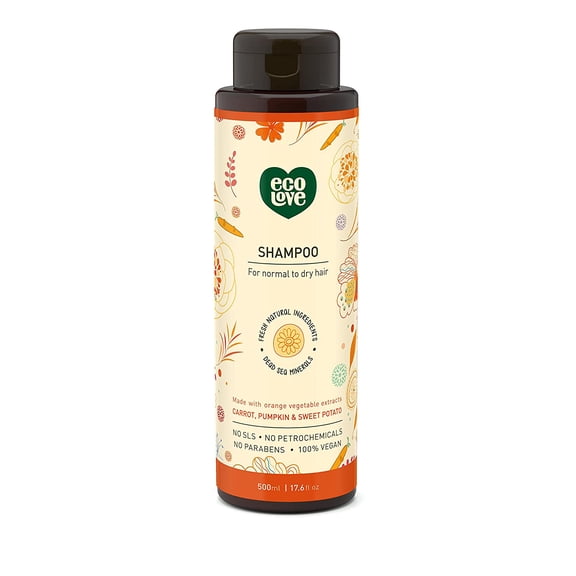 ecoLove - Natural Shampoo for Dry, Damaged Hair and Color Treated Hair - No SLS or Parabens - With Organic Carrot and Pumpkin Extract - Vegan and Cruelty-Free, 17.6 oz