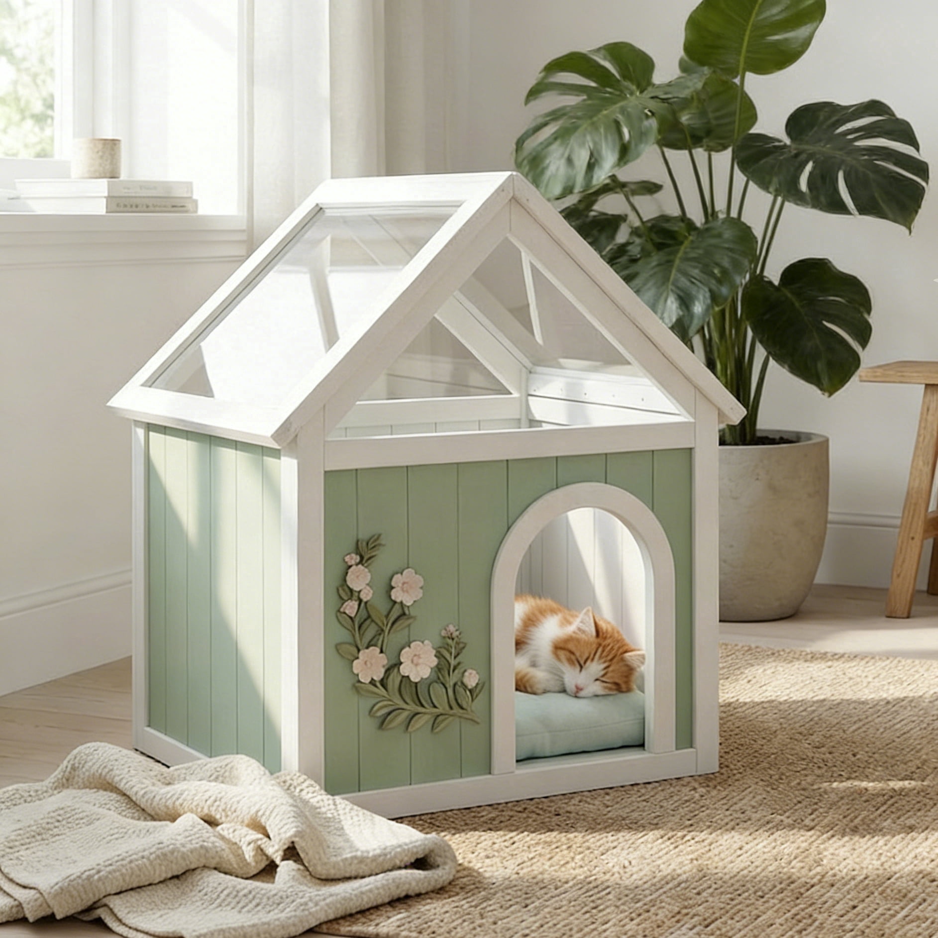 EcoLux FSC-Certified Solid Cedar Indoor Pet House – Acrylic Gabled Roof, Floral Carved Cat Furniture, Luxury Dog House Indoor for Small Dogs & Cats