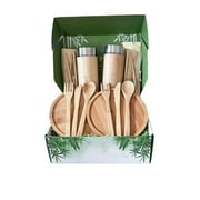 EcoLuxe Outdoor Road Trip Adventure Camping Dinnerware with bamboo plates, utensils, thermos 18 items