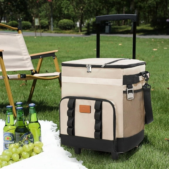 EcoNest Cooler With Wheels And Handle 35L Large Collapsible Rolling Cooler Bag With Pull Pocket Zipper Closure Insulated Bag For Outdoor Picnic Beach