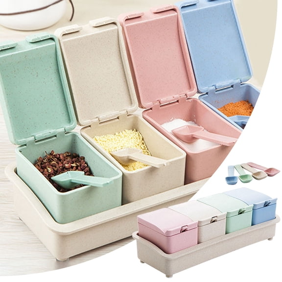 EcoNest Kitchen Wheat Straw Seasoning Seasoning Storage Rack Organizer Condiment Holder Container With Plastic Spoons Set Of 4