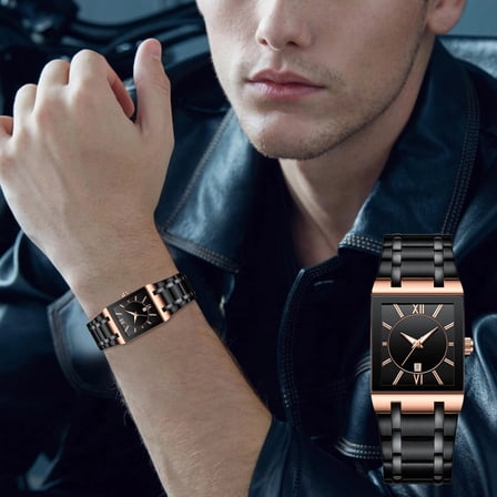 EcoNest Luxury Business Golden Stainless Steel Watch For Men Fashion Rectangle Wrist Watch For Men Date Water Proof Analog Quartz Watch