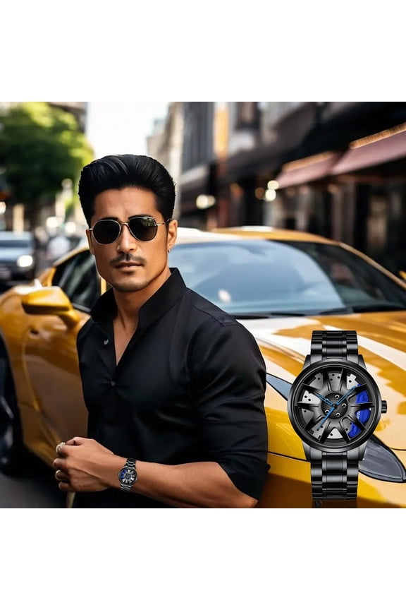 Men's Sporty Analog Quartz Timepiece With Hollow 3D Wheel Design Stainless Steel Car Rim Style Wrist Accessory For Him