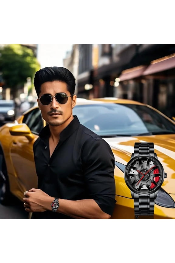 EcoNest Men's Sporty Analog Quartz Timepiece With Hollow 3D Wheel Design Stainless Steel Car Rim Style Wrist Accessory For Him